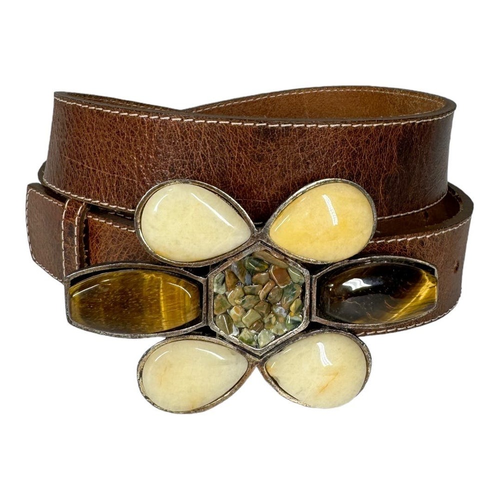 Leatherock Flower Stone Buckle Leather Belt 34 Brown Boho Western Embellished - Picture 1 of 6